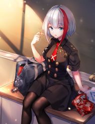 Rule 34 | 1girl, absurdres, admiral graf spee (azur lane), admiral graf spee (girl&#039;s sunday) (azur lane), admiral graf spee (girl&#039;s sunday) (azur lane), agibe, azur lane, bag, black dress, black pantyhose, blue eyes, bookbag, breasts, bugles, bugles (food), bugles on fingers, buttons, chalkboard, character doll, classroom, commentary, day, desk, deutschland (azur lane), double-breasted, dress, eyelashes, food on hand, highres, indoors, looking at viewer, medal, medium breasts, multicolored hair, necktie, on desk, pantyhose, parted lips, red hair, red necktie, short hair, short necktie, short sleeves, silver hair, sitting, snack, solo, streaked hair, sunlight, two-tone hair, wing collar