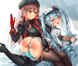 Rule 34 | 2girls, ass, beret, black headwear, blue hair, blue panties, breasts, brown hair, brown thighhighs, censored, commentary request, gloves, goddess of victory: nikke, hair between eyes, hat, highres, large breasts, long hair, long sleeves, looking at another, michairu, military uniform, multiple girls, open mouth, panties, panty pull, peaked cap, privaty (nikke), rapi (nikke), red eyes, red gloves, slap mark, spanked, spanking, thighhighs, twintails, underwear, uniform, white headwear, yellow eyes