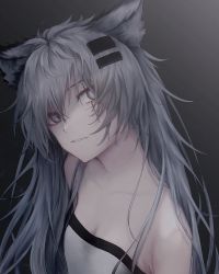 Rule 34 | 1girl, absurdres, animal ears, arknights, bad id, bad pixiv id, bare shoulders, breasts, cleavage, commentary request, gradient background, grey background, grey eyes, hair between eyes, hair ornament, hairclip, head tilt, highres, lappland (arknights), long hair, looking at viewer, parted lips, partial commentary, revision, silver hair, small breasts, solo, strapless, tube top, upper body, wolf ears, wozuya