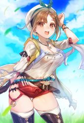 Rule 34 | 1girl, :d, atelier (series), atelier ryza, atelier ryza 1, belt, blue sky, breasts, brown eyes, brown gloves, brown hair, brown thighhighs, cleavage, cloud, commentary request, day, gloves, grass, hair ornament, hairclip, hat, highres, jewelry, kokouno oyazi, looking at viewer, medium breasts, navel, necklace, open mouth, red shorts, reisalin stout, short hair, short shorts, shorts, single glove, sky, smile, solo, standing, star (symbol), teeth, thighhighs, thighs, upper teeth only, white hat, white thighhighs