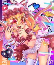 Rule 34 | 1girl, alternate costume, apron, bikini, blonde hair, blush, bow, breasts, cellphone, crystal wings, cursor, detached sleeves, face filter, fang, fingernails, flandre scarlet, frills, hair ornament, hairclip, hat, heart, instagram logo, internet survivor, karyodares, medium hair, mob cap, multicolored wings, nail polish, navel, open mouth, phone, polka dot, polka dot headwear, polka dot shirt, polka dot skirt, red bikini, red eyes, red nails, red wristband, shirt, side ponytail, skirt, small breasts, smartphone, smartphone case, solo, stomach, stomach tattoo, swimsuit, tattoo, teeth, thighhighs, tongue, touhou, upper teeth only, waist apron, white apron, white thighhighs, wings, youtube logo