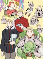 Rule 34 | ?, animal costume, arm at side, armor, backpack, bag, belt, blonde hair, boots, cabbage, carrot, chainmail, chibi, clenched teeth, coat, detached horns, dungeon meshi, eating, food, fork, frog costume, frown, fur trim, gloom (expression), gorget, happy, highres, holding, holding bag, holding food, holding fork, holding plate, holding spoon, impaled, injury, jacket, laios touden, long sleeves, looking at viewer, looking to the side, male focus, mochimochimochi, multiple views, noodles, pants, paper bag, pelt, plate, puddle, simple background, sitting, smile, sparkle, spoon, sweatdrop, teeth, tentacles, vambraces, yellow background, yellow eyes