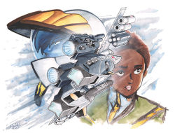 Rule 34 | 1boy, 1girl, 2021, afro, afterburner, claudia lasalle, commentary, couple, dark skin, dated, energy cannon, english commentary, flying, gunpod, helmet, jeff sorley, jolly roger, macross, macross: do you remember love?, mecha, military, military uniform, missile, missile pod, painting (medium), pilot, pilot suit, robot, roy focker, signature, spacesuit, thrusters, traditional media, u.n. spacy, uniform, variable fighter, vehicle focus, vf-1, vf-1 strike, watercolor (medium)