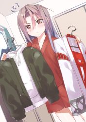 Rule 34 | 1girl, :&lt;, clothes hanger, door, flat chest, frustrated, grey hair, hair between eyes, highres, holding, holding clothes, hood, hoodie, indoors, jacket, japanese clothes, kantai collection, kimono, long hair, natsuki (gedo), red shorts, shorts, standing, v-shaped eyebrows, zipper, zuihou (kancolle)