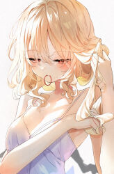 Rule 34 | 1girl, absurdres, adjusting hair, blonde hair, blush, breasts, calpis118, camisole, closed mouth, crystal, flandre scarlet, hair between eyes, highres, long hair, mouth hold, red eyes, simple background, small breasts, solo, touhou, upper body, white background, white camisole, wings