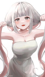 Rule 34 | 1girl, :3, absurdres, artist name, bare shoulders, blush, breasts, bunching hair, collarbone, colored inner hair, commentary request, dress, fangs, grey eyes, highres, large breasts, long hair, looking at viewer, multicolored hair, open mouth, original, pink hair, rounizm, sidelocks, simple background, solo, strapless, strapless dress, twintails, white background, white dress