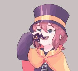 Rule 34 | 1boy, 1girl, a hat in time, cape, grey background, hat, hat kid, highres, open mouth, salmon (komarivel), simple background, snatcher (a hat in time), vore