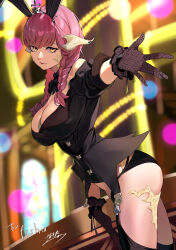 Rule 34 | 1girl, absurdres, animal ears, au ra, warrior of light (ff14), black gloves, black panties, black thighhighs, blurry, blurry background, braid, breasts, cleavage, commission, detached collar, dragon horns, dutch angle, fake animal ears, final fantasy, final fantasy xiv, from side, gloves, highres, horns, ibaraki shun, large breasts, long hair, looking at viewer, panties, pink hair, rabbit ears, scales, skeb commission, strapless, thighhighs, twin braids, underwear, yellow eyes