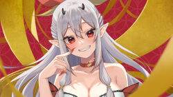 Rule 34 | 1girl, bare shoulders, black horns, breasts, choker, cleavage, close-up, collarbone, commission, eyelashes, fingernails, grey hair, horns, indie virtual youtuber, long hair, mai rubee, pointy ears, ramachiru, red choker, red eyes, shadow, sharp fingernails, skeb commission, smile, solo, streamers, virtual youtuber