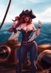 Rule 34 | 1girl, bare shoulders, black footwear, blue eyes, blue pants, blurry, blurry background, blurry foreground, boots, bracer, breasts, brown hair, cleavage, contrapposto, corset, depth of field, fold-over boots, hair over one eye, hands up, hat, highres, large breasts, league of legends, lipstick, long hair, long sleeves, makeup, miss fortune (league of legends), ocean, off-shoulder shirt, off shoulder, one eye covered, outdoors, pants, parted lips, personal ami, pirate hat, red lips, ship, shirt, signature, solo, watercraft, wide sleeves, wristband