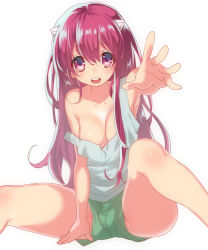 Rule 34 | 00s, 1girl, bad id, bad pixiv id, bare shoulders, blush, breasts, cleavage, elfen lied, hair ornament, hohehohe, legs apart, long hair, looking at viewer, lucy (elfen lied), no bra, off shoulder, open mouth, outstretched arm, purple eyes, reaching, red hair, shorts, simple background, sleeveless, smile, solo, strap slip, tank top, white background