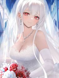 Rule 34 | 1girl, absurdres, azur lane, blush, bouquet, breasts, bridal veil, bride, church, cleavage, commentary request, commission, cross-shaped pupils, dress, earrings, elbow gloves, flower, gloves, goriegorigori, highres, jewelry, long hair, medium breasts, necklace, red eyes, red flower, scylla (azur lane), skeb commission, smile, solo, symbol-shaped pupils, tears, twitter username, veil, wedding dress, white dress, white flower, white gloves, white hair