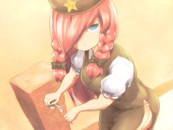 Rule 34 | 1girl, beret, blue eyes, bow, braid, breasts, commentary request, cowboy shot, dutch angle, empty eyes, faucet, green bow, green hat, green skirt, green vest, hair bow, hair over one eye, has bad revision, has downscaled revision, hat, highres, hong meiling, jitome, long hair, looking at viewer, medium breasts, puffy short sleeves, puffy sleeves, red hair, resolution mismatch, shirosato, shirt, short sleeves, side slit, skirt, skirt set, solo, source smaller, standing, star (symbol), touhou, twin braids, vest, white shirt