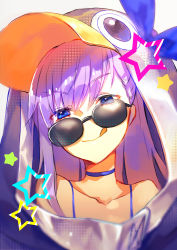 Rule 34 | 1girl, animal hood, bare shoulders, black jacket, blue eyes, blue ribbon, bra strap, choker, closed mouth, collarbone, emoillu, fate/grand order, fate (series), hair between eyes, hair ribbon, hood, hood up, hoodie, jacket, licking lips, long hair, looking at viewer, looking over eyewear, looking over glasses, meltryllis, meltryllis (fate), meltryllis (swimsuit lancer) (fate), meltryllis (swimsuit lancer) (first ascension) (fate), oversized clothes, penguin hood, purple hair, ribbon, smile, solo, star (symbol), sunglasses, tinted eyewear, tongue, tongue out, upper body