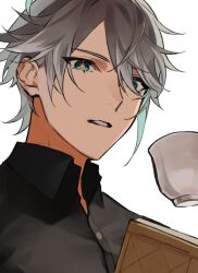 Rule 34 | 1boy, alhaitham (genshin impact), alternate costume, aqua hair, asymmetrical sidelocks, black shirt, blue eyes, book, buttons, collared shirt, colored inner hair, cropped, cup, facing to the side, genshin impact, grey hair, hair between eyes, hair over one eye, highres, kichi owo, looking at viewer, male focus, multicolored hair, one eye covered, open book, parted bangs, parted lips, portrait, shirt, short hair, sidelocks, simple background, solo, streaked hair, swept bangs, symbol-shaped pupils, teacup, teeth, two-tone hair, unfinished, white background