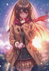 Rule 34 | 1girl, absurdres, blazer, blurry, blurry background, blush, box, brown eyes, brown hair, buttons, closed mouth, coat, fingernails, gift, gift box, hand up, hanikami kanojo, highres, holding, jacket, lips, long hair, looking at viewer, minazumi kasane, open clothes, open coat, piromizu, pleated skirt, scan, scarf, school uniform, simple background, skirt, snow, snowing, solo, winter clothes, winter coat