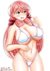 Rule 34 | 1girl, akashi (kancolle), bikini, blunt tresses, breasts, collarbone, commentary request, contrapposto, covered erect nipples, cowboy shot, dated, green eyes, hair ribbon, highleg, highleg bikini, highleg swimsuit, highres, huge breasts, kantai collection, long hair, one-hour drawing challenge, pink hair, pointing, pointing at self, ribbon, simple background, solo, swimsuit, tress ribbon, twitter username, ura tomomi, white background, white bikini