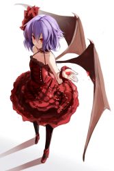 Rule 34 | 1girl, alternate costume, alternate headwear, bat wings, black pantyhose, bow, dress, fami (yellow skies), full body, gradient background, hair bow, hair ornament, highres, light purple hair, looking at viewer, looking up, md5 mismatch, pantyhose, petals, red dress, red eyes, remilia scarlet, resized, short hair, simple background, smile, solo, strapless, strapless dress, touhou, wings, wrist cuffs