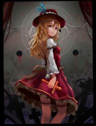 Rule 34 | 1girl, blonde hair, border, colorized, cross, dikko, dolls in pseudo paradise, dress, extra, hat, jacket girl (dipp), long hair, long sleeves, looking at viewer, looking back, md5 mismatch, red dress, red eyes, resolution mismatch, ribbon, sash, sketch, smile, solo, source larger, thighhighs, tongue, tongue out, touhou
