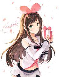 Rule 34 | 1girl, bare shoulders, bow, brown hair, closed mouth, commentary request, cowboy shot, detached sleeves, english text, gift, hair bow, hairband, happy birthday, highres, holding, kizuna ai, kizuna ai inc., long hair, long sleeves, looking at viewer, multicolored hair, navel, pink bow, sailor collar, short shorts, shorts, sibyl, smile, solo, streaked hair, swept bangs, virtual youtuber, white sailor collar, white shorts