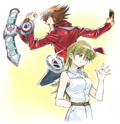 Rule 34 | 1boy, 1girl, 203wolves, :d, arm behind back, belt, belt buckle, blonde hair, breasts, brown belt, brown hair, buckle, card, closed mouth, collared shirt, dress shirt, duel academy uniform (yu-gi-oh! gx), duel disk, glint, grey pants, hair between eyes, highres, holding, holding card, jacket, jewelry, long hair, md5 mismatch, medium breasts, multicolored hair, open clothes, open jacket, open mouth, outstretched arm, pants, red jacket, resolution mismatch, ring, shirt, skirt, sleeveless, sleeveless shirt, smile, source larger, straight hair, tenjouin asuka, two-tone hair, very long hair, wedding ring, white background, white shirt, white skirt, wing collar, yu-gi-oh!, yu-gi-oh! gx, yuki judai
