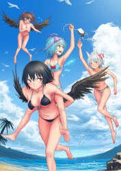 Rule 34 | &gt; &lt;, 4girls, :d, anger vein, animal ears, arm up, bare arms, bare legs, bare shoulders, barefoot, bikini, bikini bottom only, bird, black bikini, black wings, blue bikini, blue eyes, blue hair, blue sky, blush, bow, breasts, brown hair, cirno, clenched hand, closed eyes, cloud, collarbone, commentary request, convenient censoring, covering breasts, covering privates, day, feathered wings, feet out of frame, flying, flying sweatdrops, frilled bikini, frills, front-tie bikini top, front-tie top, full body, hair ribbon, highres, himekaidou hatate, holding, ice, ice wings, inubashiri momiji, looking at another, medium breasts, multiple girls, navel, no headwear, open mouth, outdoors, palm tree, purple bikini, purple ribbon, red bow, red eyes, ribbon, rock, roke (taikodon), running, sand, shameimaru aya, short hair, side-tie bikini bottom, silver hair, sky, small breasts, smile, soles, stomach, striped bikini, striped bikini bottom, striped clothes, swimsuit, tail, thighs, topless, touhou, tree, twintails, v-shaped eyebrows, water, white bikini, wing censor, wings, wolf ears, wolf tail