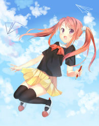 Rule 34 | 1girl, bad id, bad pixiv id, black thighhighs, brown eyes, brown hair, cloud, day, dice, hair ornament, highres, jumping, long hair, original, paper airplane, pencil, sky, solo, thighhighs, twintails, xinta, zettai ryouiki