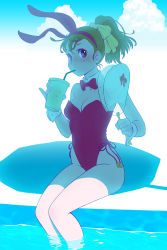 Rule 34 | 1girl, animal ears, bow, bowtie, breasts, brown hair, commentary request, detached collar, drink, drinking, fake animal ears, feet out of frame, fukusuke hachi-gou, hand fan, highres, leotard, long hair, original, paper fan, playboy bunny, ponytail, poolside, purple eyes, rabbit ears, rabbit girl, rabbit tail, red bow, red bowtie, red leotard, ribbon, shochuumimai, sitting, small breasts, soaking feet, solo, strapless, strapless leotard, tail, uchiwa, water, wrist cuffs