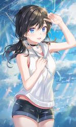Rule 34 | 1girl, absurdres, amano hina (tenki no ko), arm up, bare arms, bare shoulders, black hair, black shorts, blue eyes, blue sky, choker, cloud, cloudy sky, cowboy shot, day, highres, holding, holding umbrella, hood, hood down, hoodie, huge filesize, long hair, looking at viewer, open mouth, pink shirt, shirt, short shorts, shorts, sky, sleeveless, sleeveless hoodie, sleeveless shirt, smile, solo, standing, sunlight, tenki no ko, tokkyu, transparent, transparent umbrella, umbrella, white hoodie