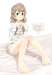 Rule 34 | 10s, 1girl, barefoot, blurry, blush, brown hair, depth of field, feathers, getsumen, happy birthday, heart, highres, legs, long hair, love live!, love live! school idol project, minami kotori, shorts, sitting, smile, solo, striped clothes, striped sweater, sweater