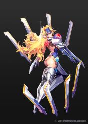 Rule 34 | 1girl, :o, arm blade, armor, ass, backless outfit, blazblue, blonde hair, blue eyes, blue gloves, blush, destiny child, dual wielding, elbow gloves, floating, floating object, floating weapon, forehead protector, from behind, gloves, headgear, holding, leg armor, looking at viewer, looking back, mecha, mecha musume, mu-12, noel vermillion, punc p, revealing clothes, robot, robot ears, shoulder armor, weapon