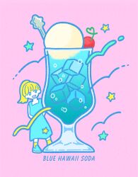 Rule 34 | 1girl, absurdres, arms behind back, blonde hair, blue eyes, blue footwear, blue hawaii, cherry, dress, food, fruit, highres, ice, ice cream, ice cream float, ice cube, kimi (kimixx22), long hair, mini person, minigirl, no nose, open mouth, original, pink background, ponytail, sleeveless, sleeveless dress, socks, solo, star (symbol), yellow socks
