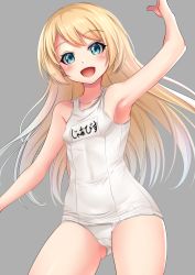Rule 34 | 1girl, absurdres, alternate costume, armpits, blonde hair, blue eyes, breasts, cameltoe, collarbone, covered navel, cowboy shot, gluteal fold, grey background, highres, jervis (kancolle), kantai collection, long hair, makura (y makura), name tag, one-piece swimsuit, school swimsuit, simple background, small breasts, solo, swimsuit, white school swimsuit, white one-piece swimsuit