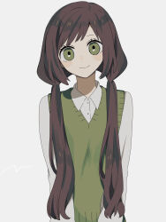 Rule 34 | 1girl, blush stickers, brown hair, collared shirt, green eyes, highres, long hair, long sleeves, looking at viewer, low twintails, maco22, original, shirt, smile, solo, sweater vest, twintails, very long hair