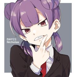 Rule 34 | 1girl, black jacket, clenched teeth, collared shirt, commentary request, double bun, employee (project moon), finger to mouth, formal, hair bun, jacket, lobotomy corporation, long sleeves, looking at viewer, medu (rubish), necktie, project moon, purple hair, red eyes, red necktie, shirt, short twintails, solo, suit, teeth, twintails, white shirt