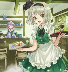 Rule 34 | 2girls, ama-tou, apron, black ribbon, blush stickers, bow, bowl, bowtie, cake, chair, cherry, closed eyes, counter, cup, dessert, dishes, dress, eating, flower, food, frilled dress, frills, fruit, green dress, green eyes, green theme, hair bow, hair ribbon, hat, holding, holding spoon, indoors, kettle, konpaku youmu, light, long sleeves, looking at viewer, mob cap, morning glory, multiple girls, name tag, open mouth, parfait, pink hair, plate, plate stack, rafters, ribbon, saigyouji yuyuko, shelf, short hair, short sleeves, silver hair, smile, spoon, strawberry, touhou, tray, triangular headpiece, vase, waitress, wide sleeves, window, wing collar