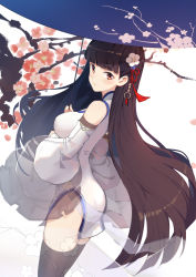 Rule 34 | 1girl, azur lane, bad id, bad pixiv id, bare shoulders, black thighhighs, blunt bangs, breasts, byakuya reki, cherry blossoms, china dress, chinese clothes, closed mouth, commentary request, detached sleeves, dress, flower, from behind, hair flower, hair ornament, holding, holding umbrella, long hair, long sleeves, looking back, medium breasts, oil-paper umbrella, petals, red eyes, short dress, side slit, smile, solo, standing, tassel, thighhighs, umbrella, very long hair, white dress, wide sleeves, yat sen (azur lane)