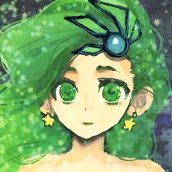Rule 34 | 1girl, bare shoulders, commentary request, earrings, final fantasy, final fantasy iv, green eyes, green hair, hair ornament, jewelry, long hair, portrait, rydia (ff4), solo, yadoso