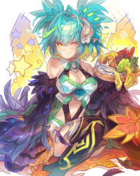 1girl ;) bare_shoulders black_thighhighs black_wings blonde_hair blue_hair bowl breasts brown_eyes cleavage closed_mouth commentary_request commission feathered_wings fish food fruit grapes green_hair hair_between_eyes haku_(sabosoda) harpy highres holding holding_bowl looking_at_viewer medium_breasts monster_girl multicolored_hair one_eye_closed original skeb_commission smile solo star-shaped_pupils star_(symbol) streaked_hair symbol-shaped_pupils thighhighs twintails two-tone_hair white_background wings