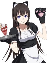 Rule 34 | 1girl, animal ears, animal hands, bad id, bad pixiv id, black hair, blue eyes, collarbone, fake animal ears, food, fruit, gloves, heisei yutorin, holding, long hair, looking at viewer, original, parfait, paw gloves, pocky, simple background, smile, solo, strawberry, tray, waitress, white background