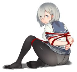 Rule 34 | 10s, 1girl, ass, bdsm, black pantyhose, blue eyes, blush, bondage, bound, bound arms, breasts, clothes lift, crotch seam, eyes visible through hair, feet, full body, grey skirt, hair ornament, hair over one eye, hairclip, hamakaze (kancolle), highres, kantai collection, kei (soundcross), large breasts, legs, looking at viewer, looking back, no shoes, open mouth, panties, panties under pantyhose, pantyhose, pleated skirt, rope, school uniform, serafuku, shadow, shibari, shibari over clothes, short hair, silver hair, sitting, skirt, skirt lift, soles, solo, teeth, thighs, underwear, white background, white panties