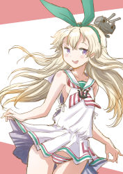 Rule 34 | 1girl, blonde hair, clothes writing, commentary request, cosplay, cowboy shot, dress, fuji (pixiv24804665), green hairband, grey eyes, hairband, highres, kantai collection, libeccio (kancolle), libeccio (kancolle) (cosplay), long hair, looking at viewer, neckerchief, panties, rensouhou-chan, sailor collar, sailor dress, shimakaze (kancolle), side-tie dress, sleeveless, sleeveless dress, striped clothes, striped neckerchief, striped neckwear, striped panties, two-tone background, underwear, white dress, white sailor collar