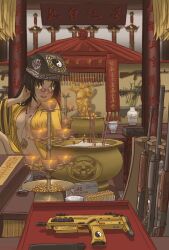 Rule 34 | 1girl, black hair, breasts, bullet, candle, commentary, dark-skinned female, dark skin, english commentary, fire, gun, hat, highres, indoors, jewelry, long hair, looking at viewer, navel, necklace, nnnmengmeng, open clothes, open robe, original, print headwear, red-tinted eyewear, robe, shadow, small breasts, solo, statue, sword, tinted eyewear, translation request, weapon, yellow eyes, yin yang