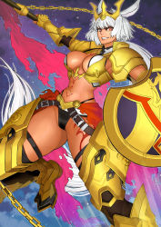 Rule 34 | 1girl, abs, absurdres, animal ears, armor, bikini, black bikini, black gloves, black thighhighs, body markings, breasts, caenis (fate), cape, chain, dark-skinned female, dark skin, eguchi tumoru, elbow gloves, fate/grand order, fate (series), faulds, fire, fire, gloves, gold armor, gold chain, grey background, hair intakes, headpiece, highleg, highleg bikini, highres, large breasts, long hair, looking at viewer, navel, parted lips, pauldrons, polearm, ponytail, red cape, red eyes, shield, shoulder armor, sky, solo, spear, star (sky), starry sky, swimsuit, tattoo, thigh gap, thighhighs, waist cape, weapon, white hair