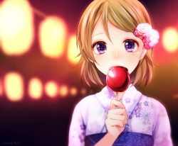 Rule 34 | 10s, 1girl, blurry, blush, brown hair, candy apple, covering own mouth, depth of field, flower, food, hair flower, hair ornament, japanese clothes, kimono, koizumi hanayo, lantern, looking at viewer, love live!, love live! school idol festival, love live! school idol project, obi, purple eyes, sasakichi (ssk chi), sash, short hair, solo, upper body