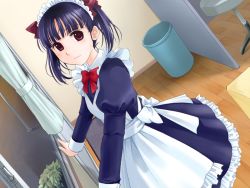 Rule 34 | 1girl, apron, blue hair, bow, bush, chair, curtains, from side, game cg, ginta, hair bow, kaburagi haruna, looking at viewer, maid, maid apron, maid headdress, pure x cure, red eyes, solo, trash can, window, wooden floor