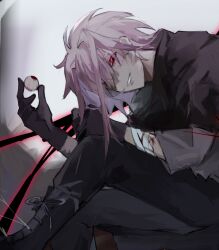 Rule 34 | 1boy, bandaged arm, bandages, black capelet, black footwear, black gloves, black pants, boots, capelet, chinese commentary, commentary request, eyeball, gloves, grey shirt, hair intakes, highres, holding eyeball, long sleeves, male focus, nijou ryuu, pants, patchwork skin, pink hair, red eyes, saibou shinkyoku, shi shan hui, shirt, short hair with long locks, sitting, smile, solo