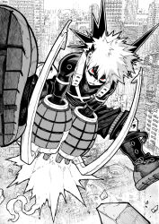 Rule 34 | 1boy, absurdres, baggy pants, bakugou katsuki, belt, between legs, black outline, boku no hero academia, boots, buckle, building, city, cityscape, combat boots, commentary, debris, explosion, eye mask, flying, foreshortening, full body, gloves, greyscale, hand between legs, hatching (texture), headgear, highres, horikoshi kouhei (style), kanazawa shinnosuke, knee boots, knee pads, leaning forward, legs up, looking at viewer, male focus, midair, monochrome, official style, outdoors, outline, pants, parted lips, red eyes, sanpaku, scowl, shoe soles, short hair, single horizontal stripe, skyscraper, smoke trail, snap-fit buckle, solo, spiked hair, spot color, spread legs, x
