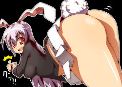 Rule 34 | 1girl, animal ears, ass, bent over, black background, female focus, huge ass, light purple hair, long hair, no panties, open mouth, purple hair, rabbit ears, rabbit girl, rabbit tail, red eyes, reisen udongein inaba, smile, solo, tail, thumbs up, toudori, touhou