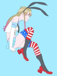Rule 34 | 10s, 1girl, alternate color, american flag legwear, bad id, bad twitter id, blue background, bow, brown hair, elbow gloves, freckles, full body, gloves, gradient hair, hair bow, kantai collection, long hair, multicolored hair, ojipon, profile, shimakaze (kancolle), simple background, skirt, solo, striped clothes, striped thighhighs, thighhighs